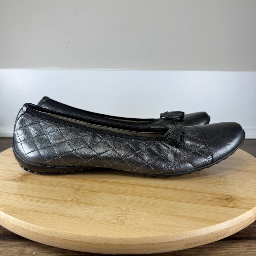 Robert Zur Quilted Leather Ballet Flat Womens 9 AA Pewter Tassel Luxe Metallic